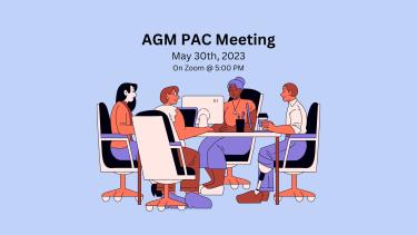 Illustration of people having a meeting at a table. Above reads "AGM PAC Meeting, May 30th, 2023, On Zoom at 5:00 pm"