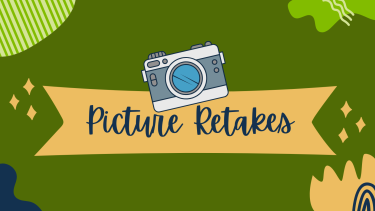 Graphic of a camera with text saying "Picture Retakes"