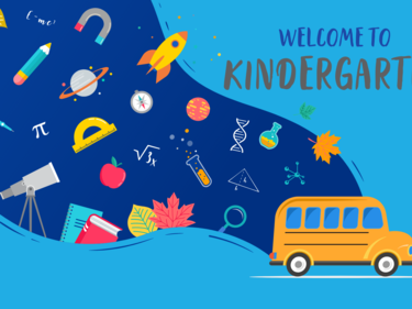 A graphic of a school bus with school related items floating behind it on a blue background. Text in the top right corner reads "Welcome to Kindergarten"