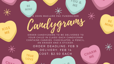 Image of colourful candy hearts with valentine sayings on them. In the middle is text regarding the candygrams fundraiser.