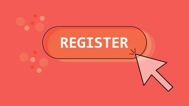 A graphic of a red button that says "register" with an arrow pointing to it.