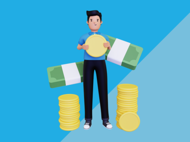 Cartoon man holding a large coin, next to stacks of coins and bills.