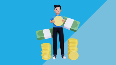 Cartoon man holding a large coin, next to stacks of coins and bills.