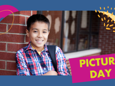 Professional photo of a boy standing outside a school. Text box reads "Picture Day".