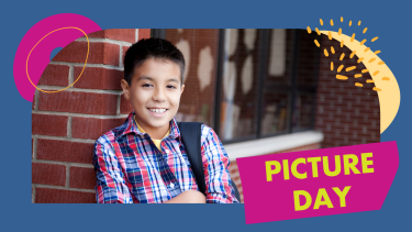 Professional photo of a boy standing outside a school. Text box reads "Picture Day".